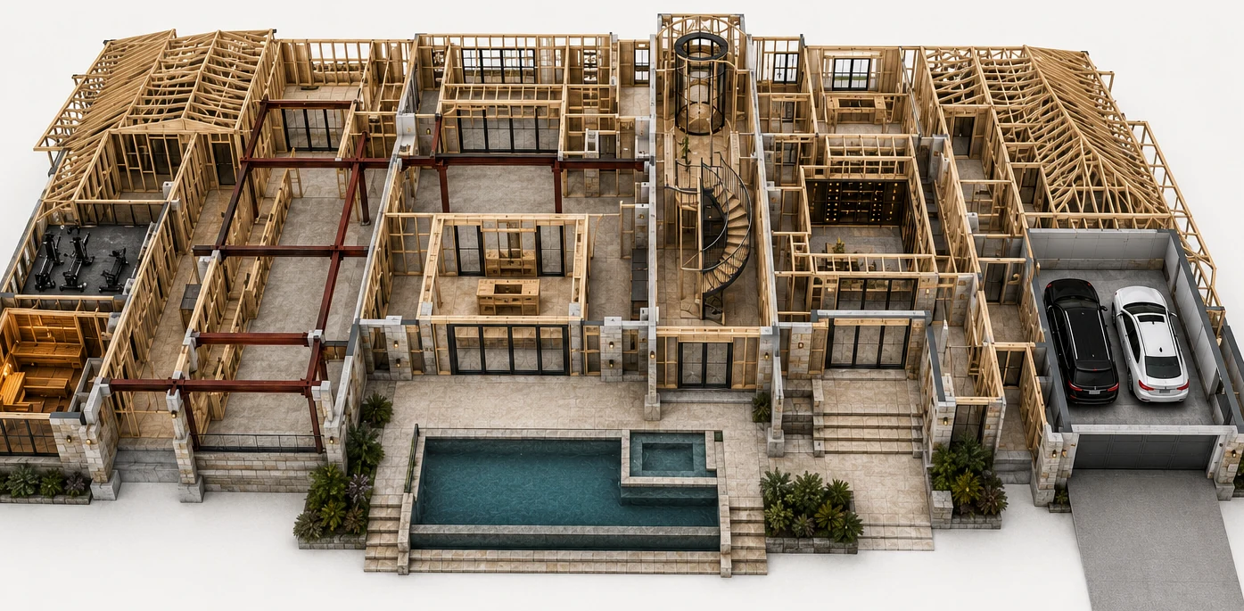 Structural cutaway showing engineered framing and beams
